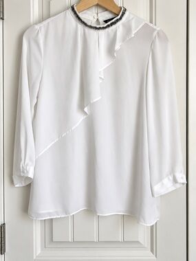 ZARA BASIC White Beaded Collar Asymmetrical Ruffle Blouse Size S